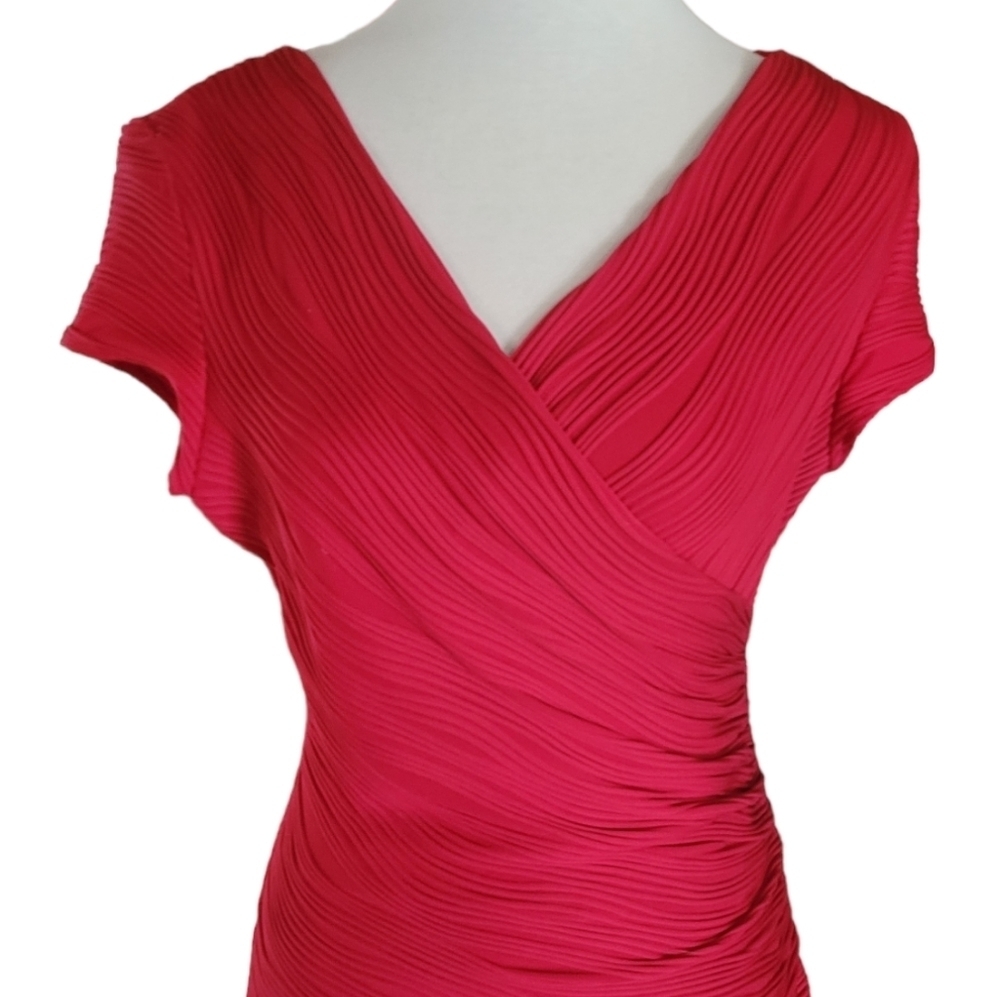 Joseph Ribkoff Red Ruched Textured Faux Wrap‎ Dress - Picture 4 of 8